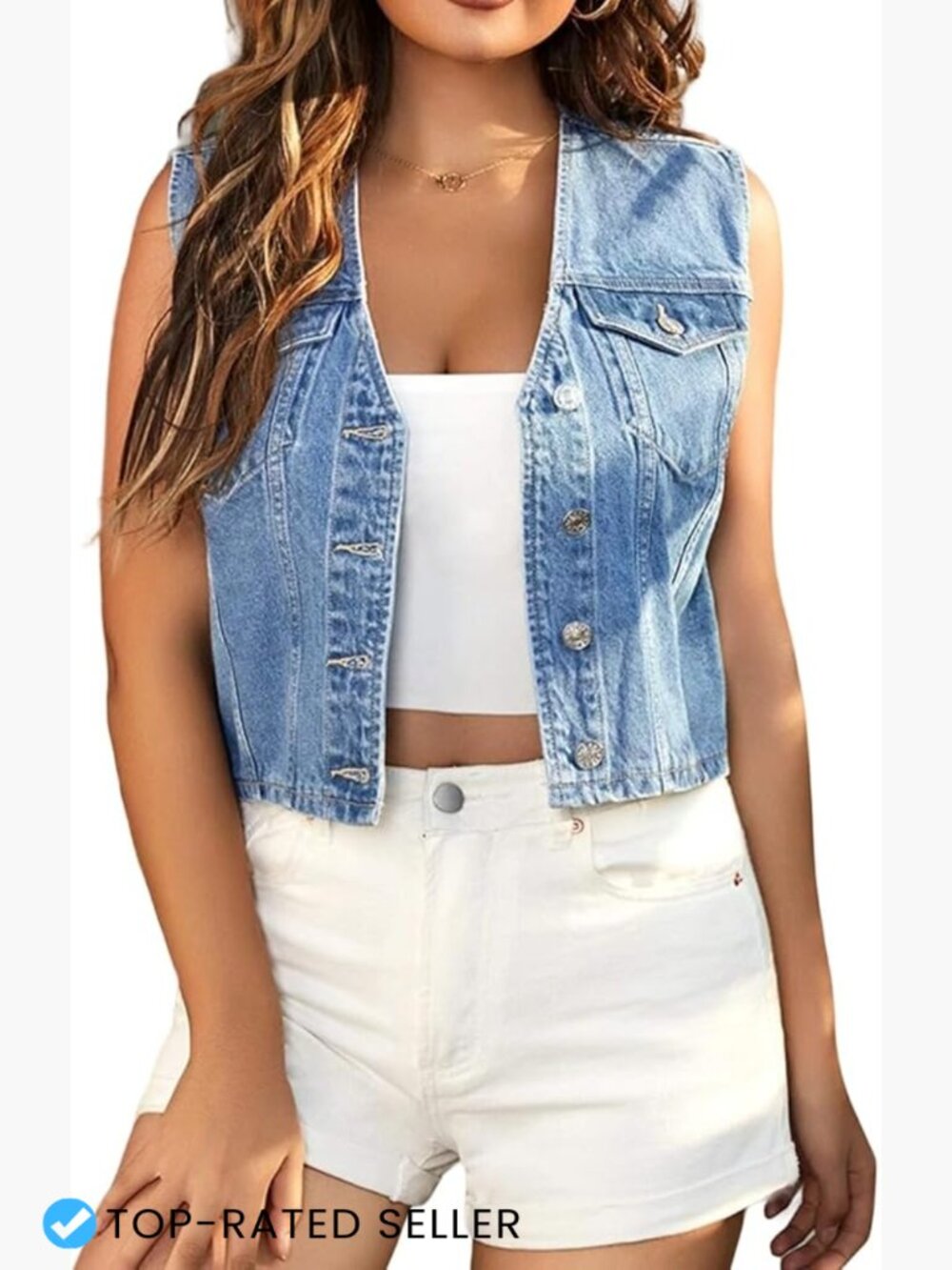 Cropped Denim Vest Top Sleeveless V Neck Button Down Jean Jacket Y2K